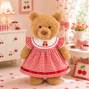 Large Bartholomew Bear & 16" Plush Clothes Outfit - Cherry Plaid Dress